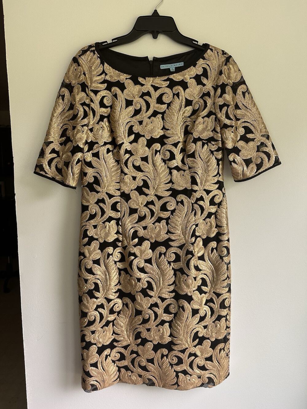 Antonio Melani Woman’s Size 12 Gold Sequin Sheath Dress Floral Leaf All Over